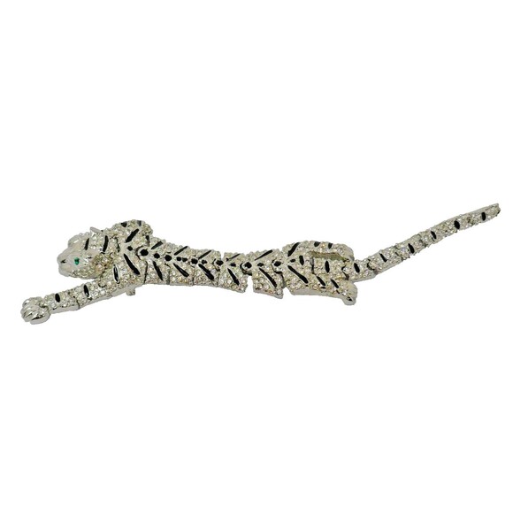 Silver Tone Crystal Rhinestones Enamel Articulated Cat Tiger 7.5" Brooch Pin - Picture 1 of 9